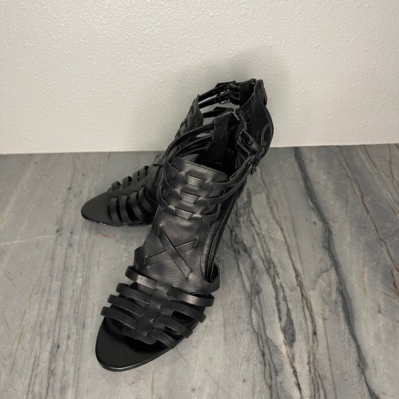 Fergie Black Open Toe Leather Heel Sandals with Zip Back, Size 9.5 - Picture 1 of 8